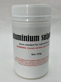 Aluminium sulphate container with text on a white background
