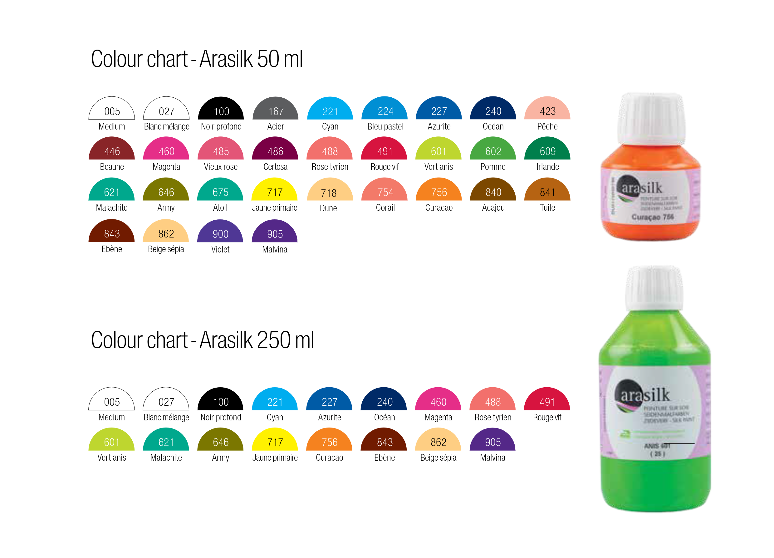 A product color chart and bottle display for Arasilik acrylic paint. The image shows two bottles of Arasilik paint, one orange and one green, alongside two color charts labeled for 50 ml and 250 ml sizes, displaying many color swatches with their corresponding numbers and names on a white background.