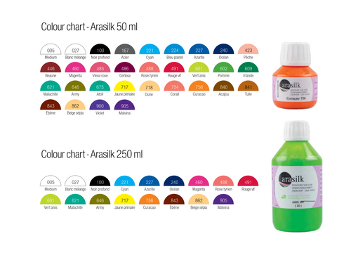 A product color chart and bottle display for Arasilik acrylic paint. The image shows two bottles of Arasilik paint, one orange and one green, alongside two color charts labeled for 50 ml and 250 ml sizes, displaying many color swatches with their corresponding numbers and names on a white background.