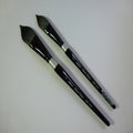 Two black paintbrushes with silver ferrules on a white background