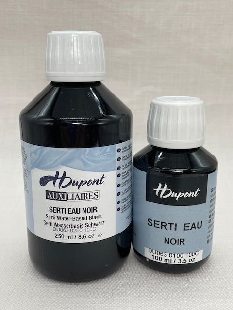 Two bottles of H Dupont Serti Eau Noir ink on a light gray background