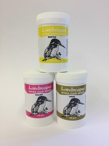 Three containers of Landscapes Dyes for Wool with illustrations of birds on labels.