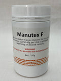 Manutex F thickener container with text and warnings on a white background