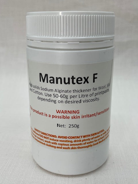 Manutex F thickener container with text and warnings on a white background