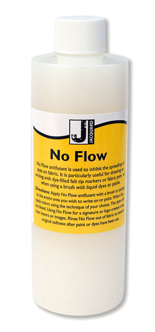 Bottle of Jacquard No Flow liquid with yellow label on a white background
