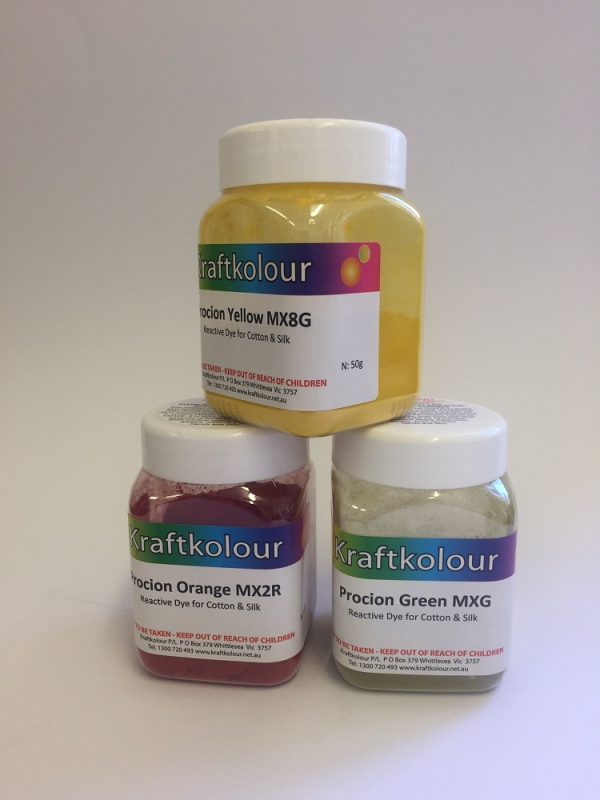 Three bottles of Procion dyes on a white background