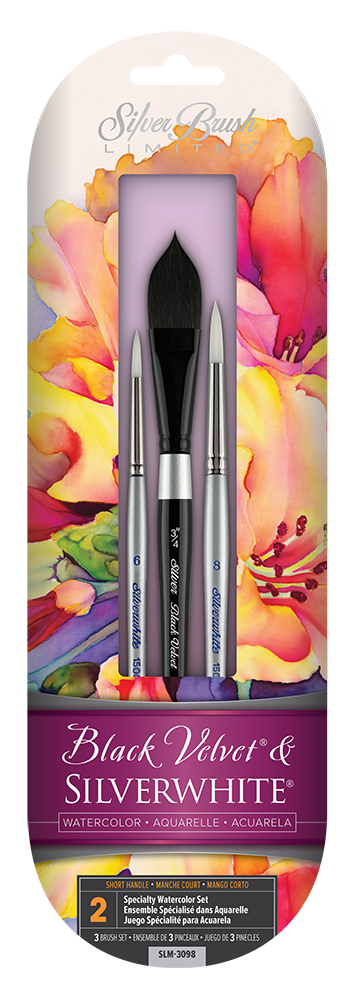 Set of watercolor brushes in a decorative packaging with floral design