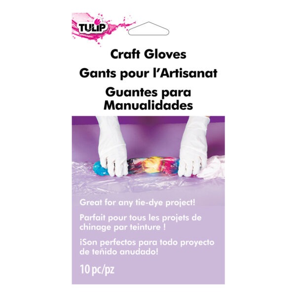 Packaging of Tulip craft gloves with a purple background and text in multiple languages.