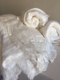Close-up of white silk laps with a textured surface on a neutral background