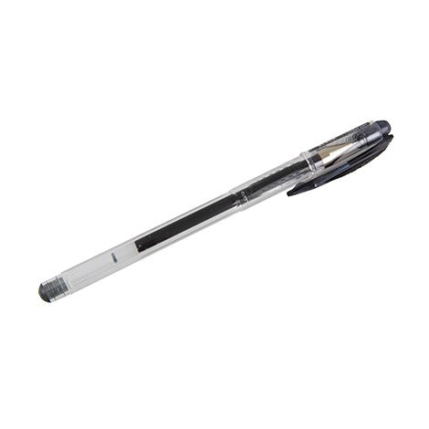 A clear barrel gel pen with a black clip and black ink cartridge, shown diagonally on a plain white background.