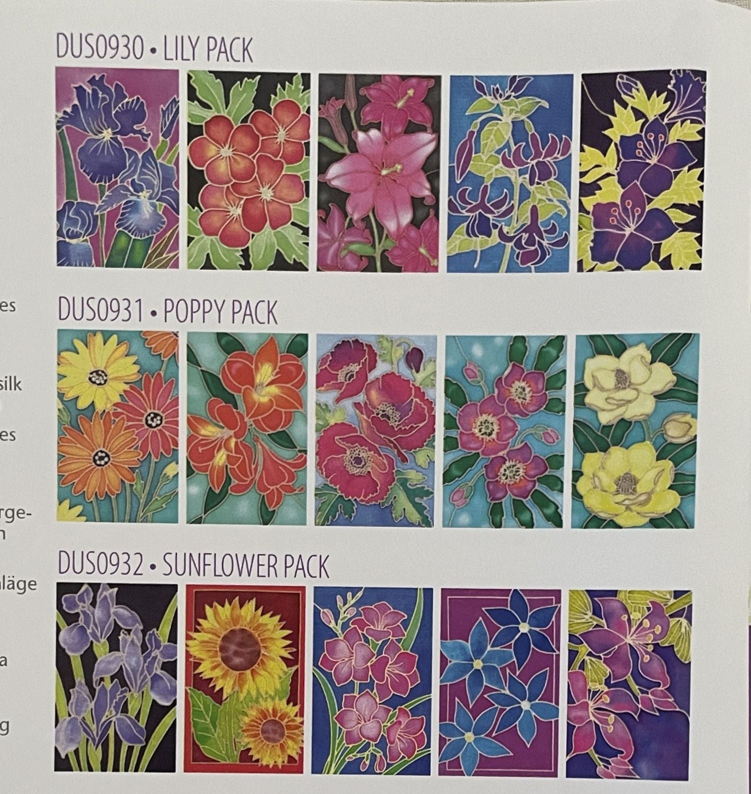 Floral design packs with different flower patterns on a white background